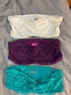 Vintage Garage and Dynamige Lace Bandeau Bra Trio - White, Purple, Teal.